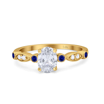 14K Yellow Gold Vintage Style Oval Bridal Blue Sapphire Simulated CZ Wedding Engagement Ring Size 7